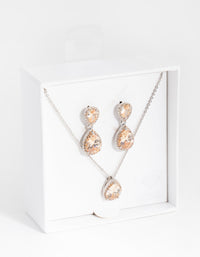 Silver Diamond Simulant Double Teardrop Necklace & Earrings Set - link has visual effect only