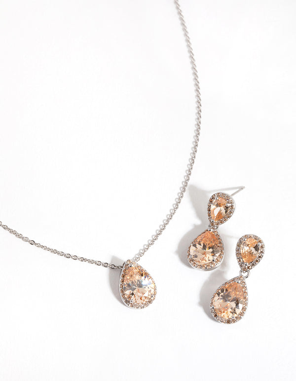 Silver Diamond Simulant Double Teardrop Necklace & Earrings Set