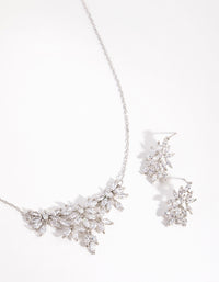 Silver Diamond Simulant Navette Flower Necklace & Earrings Set - link has visual effect only