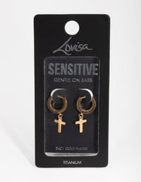 24 Carat Gold Plated Titanium Cross Huggie Earrings - link has visual effect only