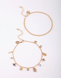 Gold Evil Eye,Hamsa & Chain Charm Anklet Pack - link has visual effect only