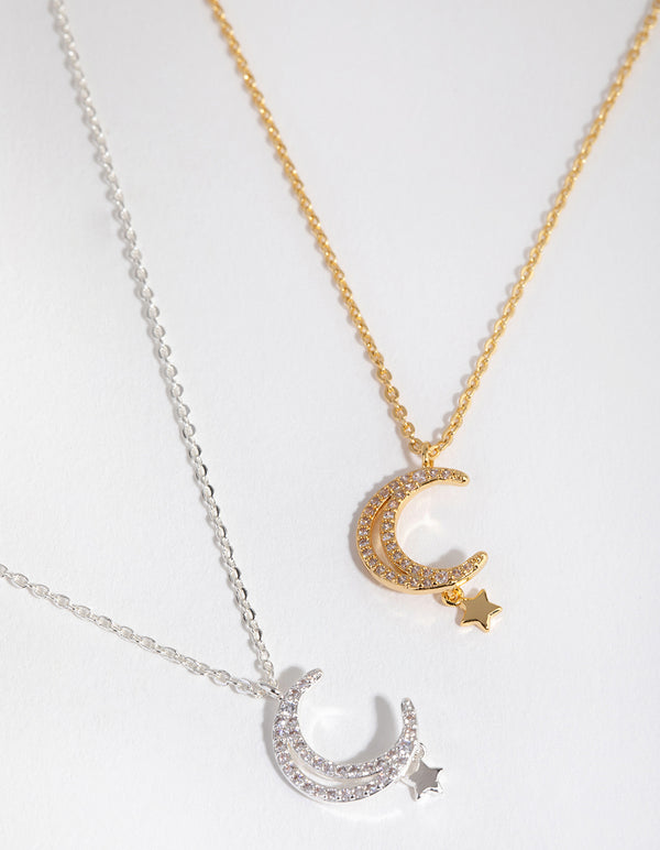 18ct Gold & Silver Plated Moon & Star Necklace Set