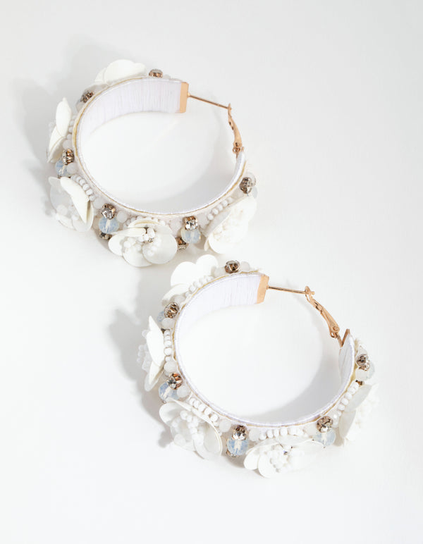 Gold Sequin Flower Hoop Earrings