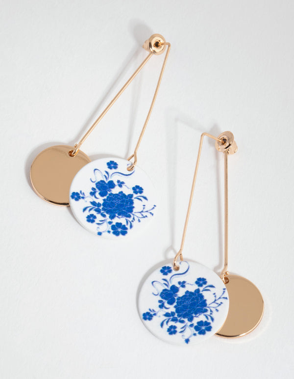 Gold Printed Disc Drop Earrings