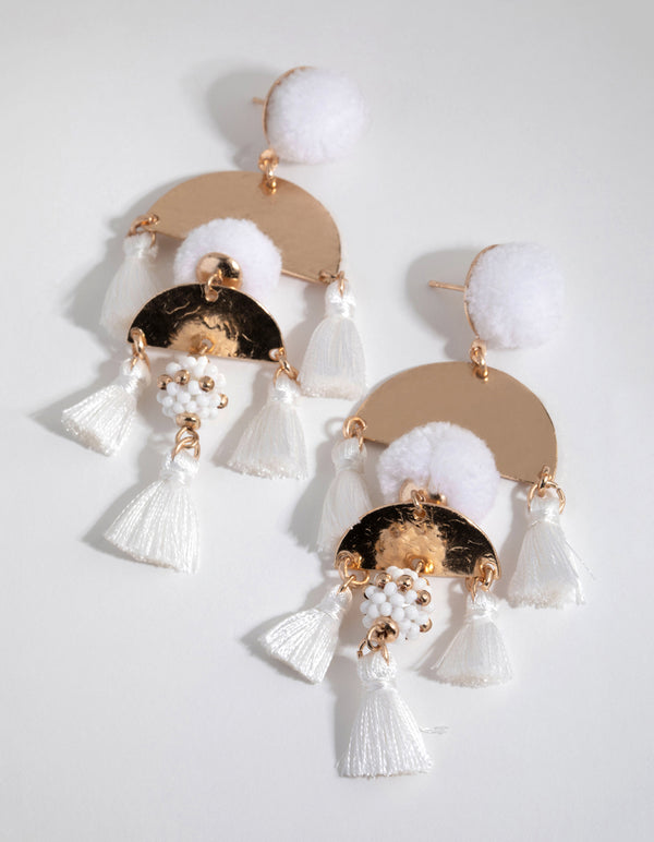 White Pom Pom Tassel Drop Earrings