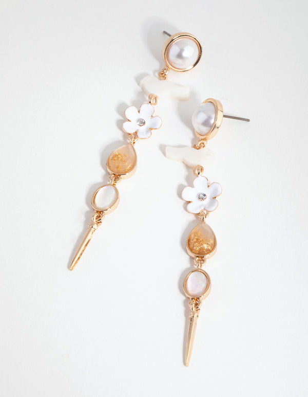 Gold Enamel Flower Drop Earrings