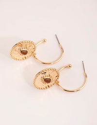 Gold Disc with Stone Hoop Earrings - link has visual effect only