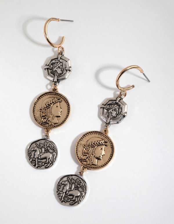 Mixed Metal Tripple Coin Hoop Earrings