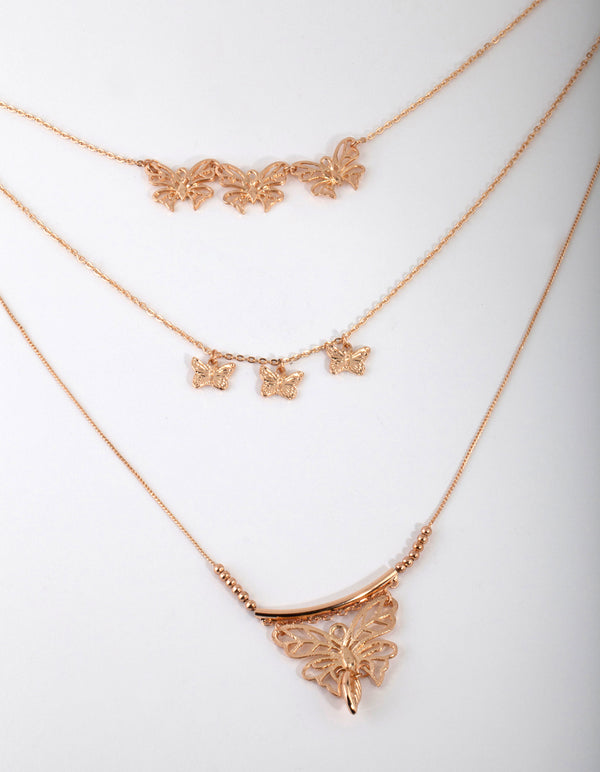 Worn Gold Butterfly Multi Layer Necklace