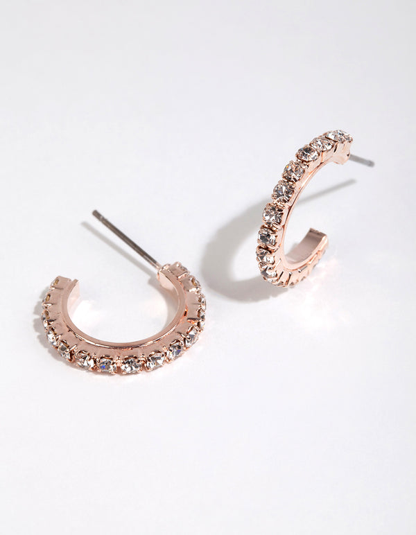 Rose Gold Riased Diamante Huggie Hoop Earrings