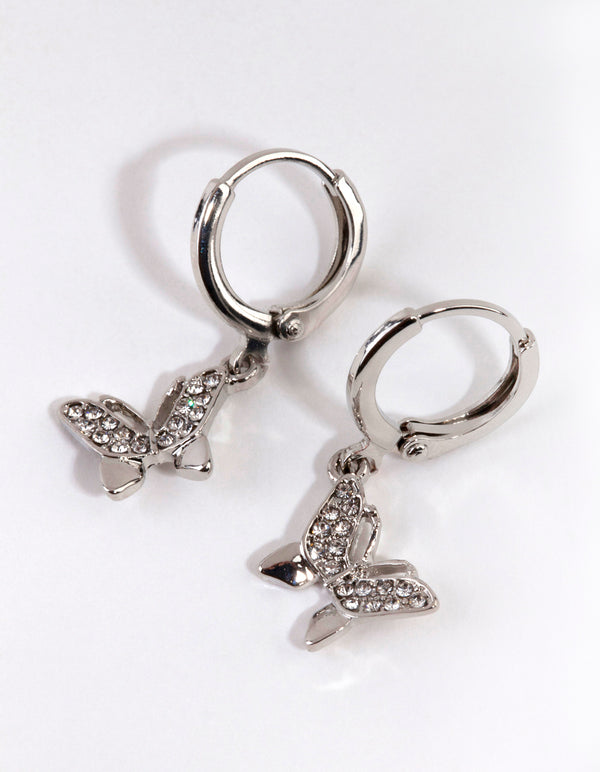 Silver Diamante Butterfly Huggie Earrings