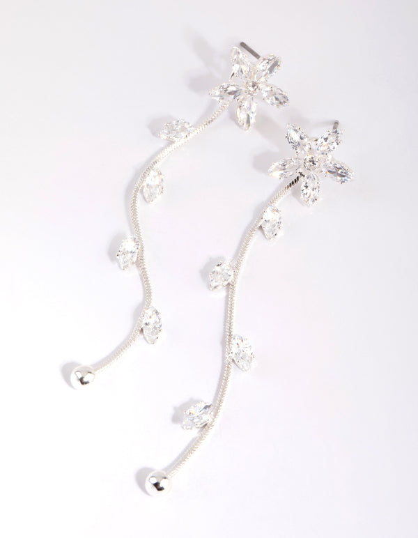 Silver Cubic Zirconia Flower Vine Drop Earrings