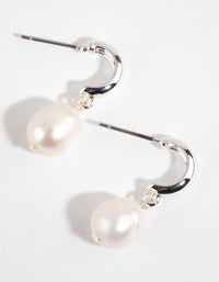 Silver Plated Freshwater Pearl Drop Huggie Earrings - link has visual effect only