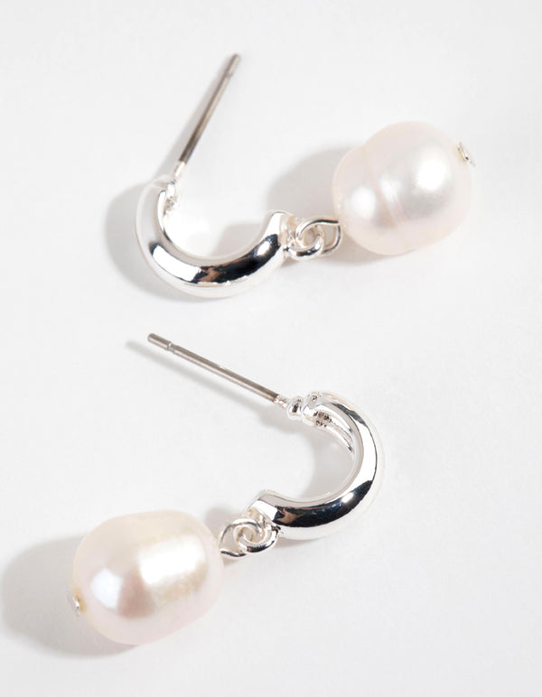 Silver Plated Freshwater Pearl Drop Huggie Earrings