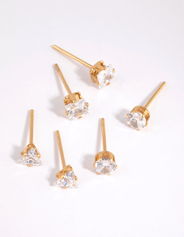 Gold Plated Surgical Steel Cubic Zirconia Mixed Shape Stud Earrings