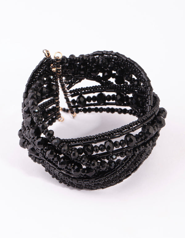 Matte Black Beaded Cuff Bangle