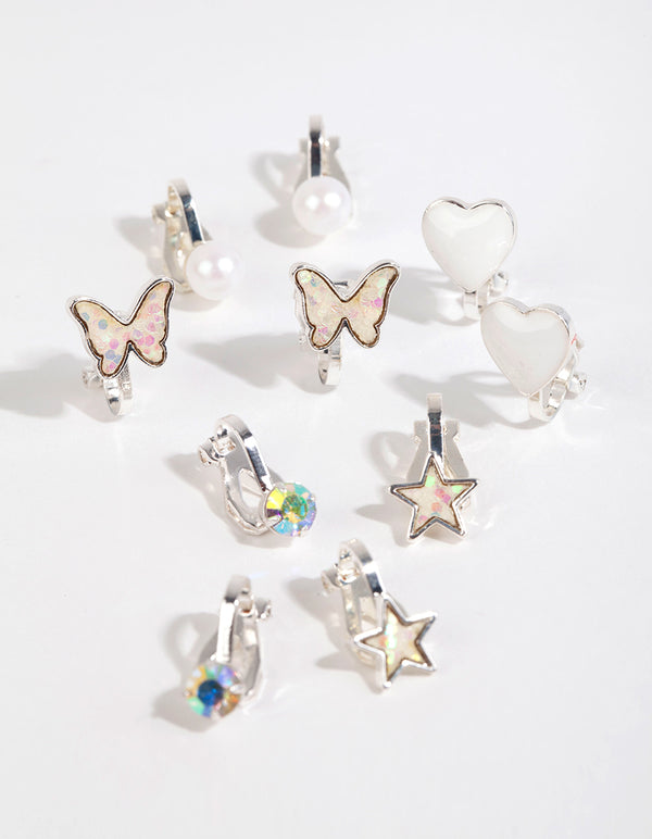 Kids Silver Iridescent Clip On Earring Pack