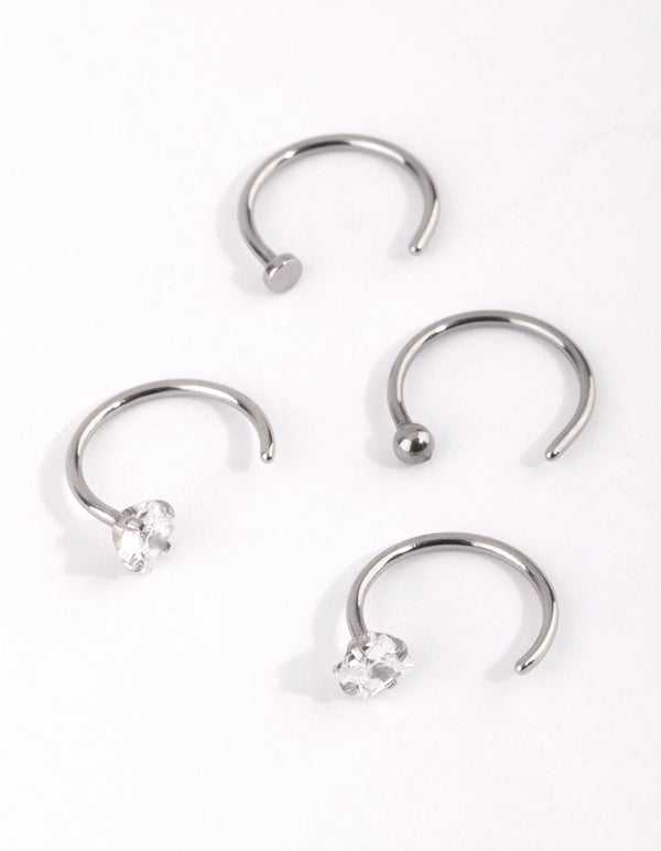 Surgical Steel Rhodium Martini Set Dia Nose Ring 4-Pack