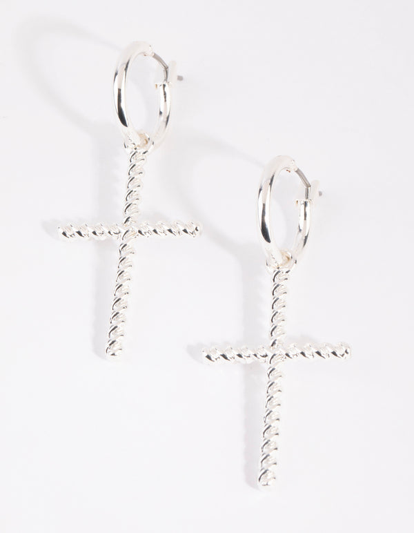 Silver Twisted Cross Huggie Earrings