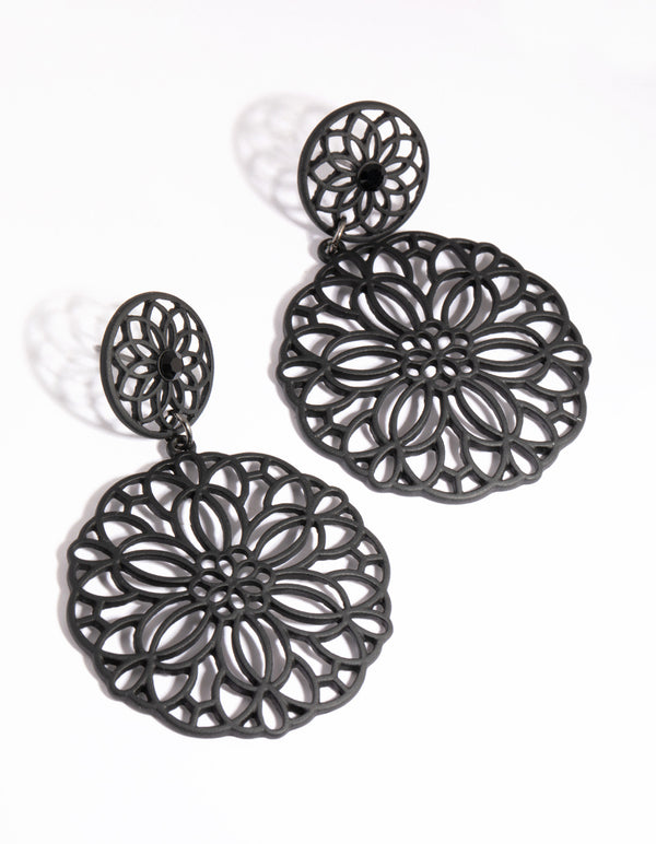 Matte Black Filigree Drop Earrings