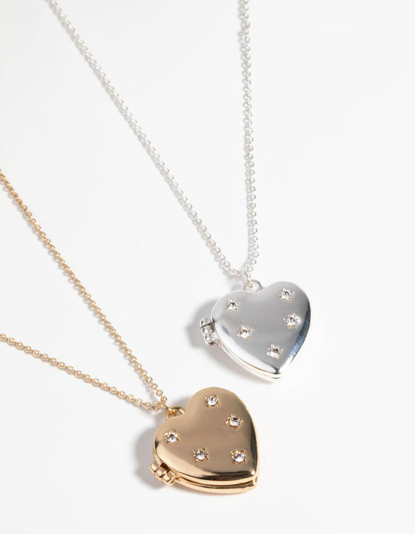 Mixed Metal Diamante Heart Locket Necklace Set