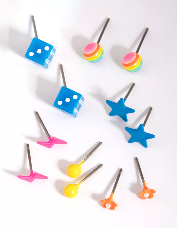 Kids Fluro Dice Stud Earring 6-Pack