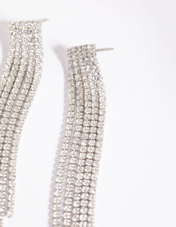 Silver Cubic Zirconia Cup Chain Fringe Drop Earrings