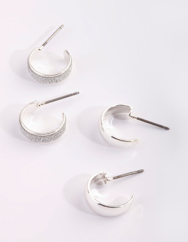 Silver Glitter Huggie Hoop Earring Set