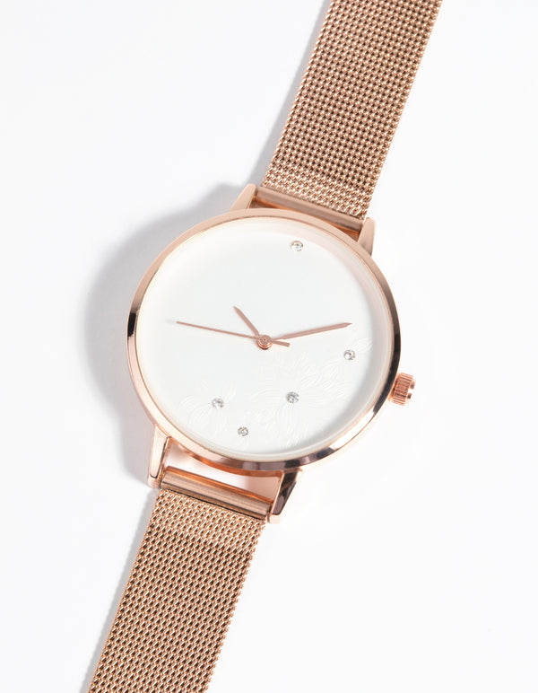 Rose Gold Flower Diamante Mesh Watch