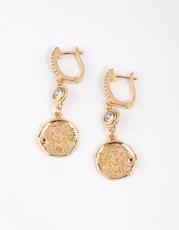 Gold Plated Coin Huggie Hoop Earrings with Cubic Zirconia