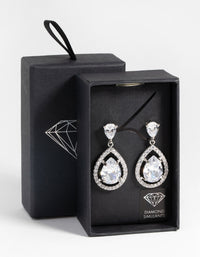 Rhodium Diamond Simulant Halo Teardrop Earrings - link has visual effect only