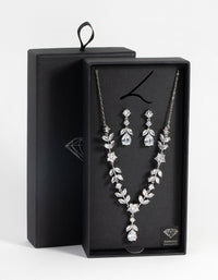 Silver Diamond Simulant Floral Necklace & Earrings Set - link has visual effect only