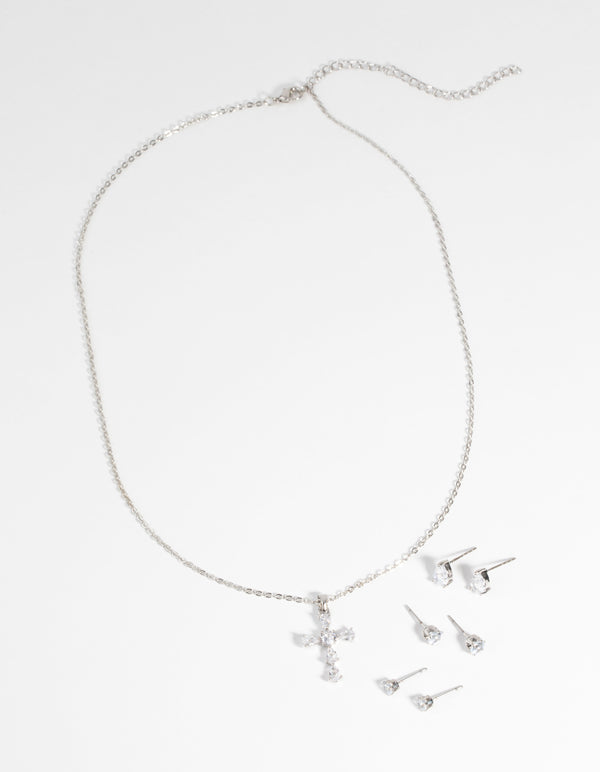 Rhodium Diamond Simulant Cross Necklace & Earrings Set