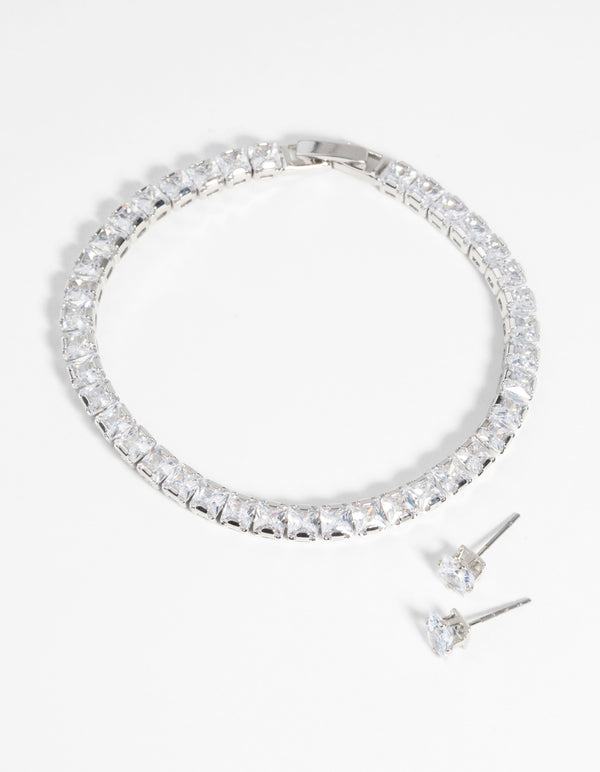 Rhodium Square Diamond Simulant Bracelet & Earrings Set