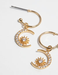 Gold Plated Celestial Huggie Hoop Earrings with Cubic Zirconia - link has visual effect only