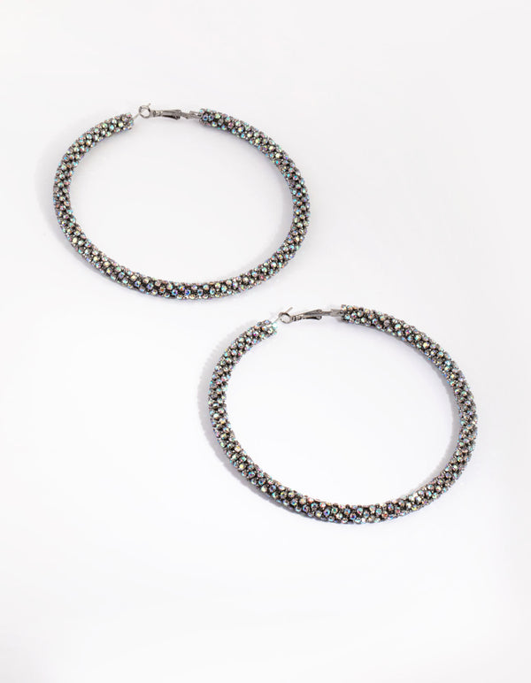 Gunmetal Diamante Hoop Earrings