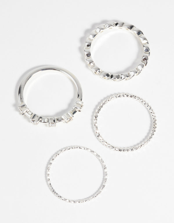 Silver Plated Diamante Ring Pack