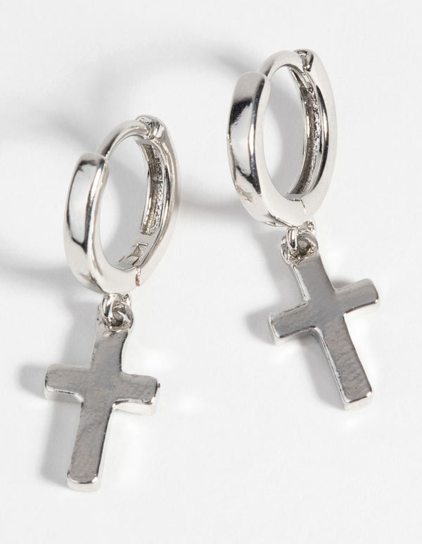 Silver Cross Huggie Hoop Earrings