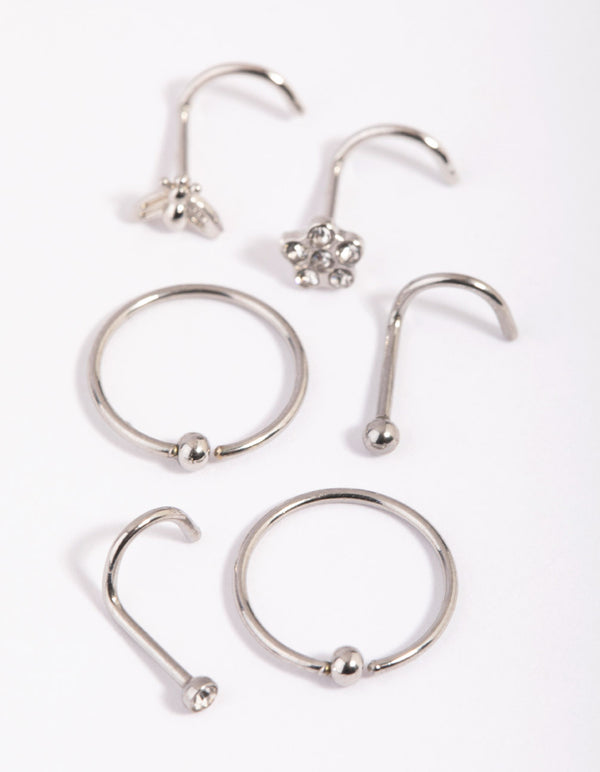 Surgical Steel Flower Nose Stud & Ring 6-Pack