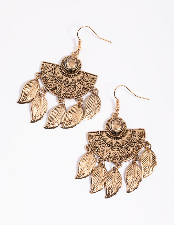 Gold Antique Leaves Drop Earrings