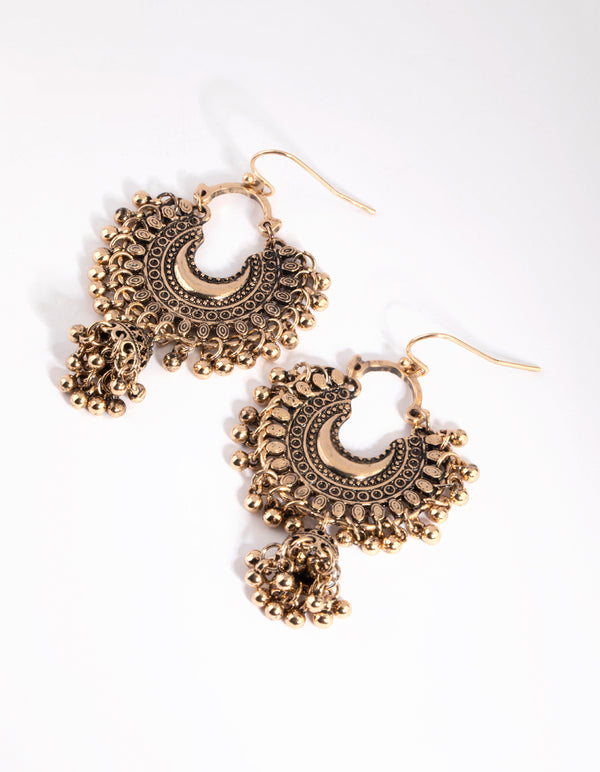 Antique Yellow Gold Toned Beaded Drop Jhumka Earrings