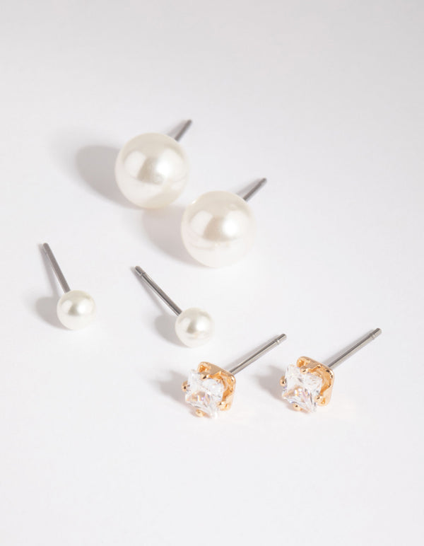 Gold Pearl & Diamante Stud Earring Pack