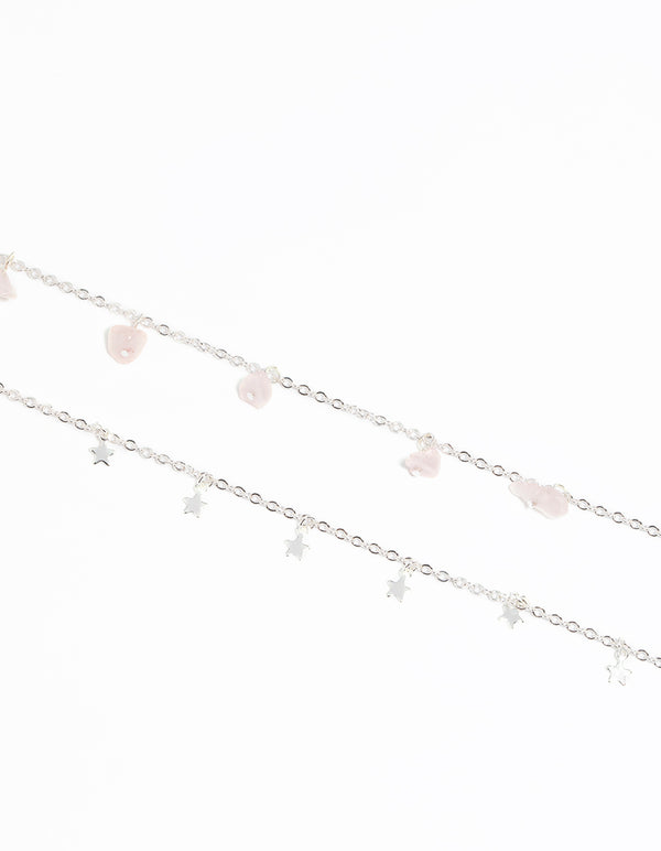 Silver Rose Quartz Star Anklet Set