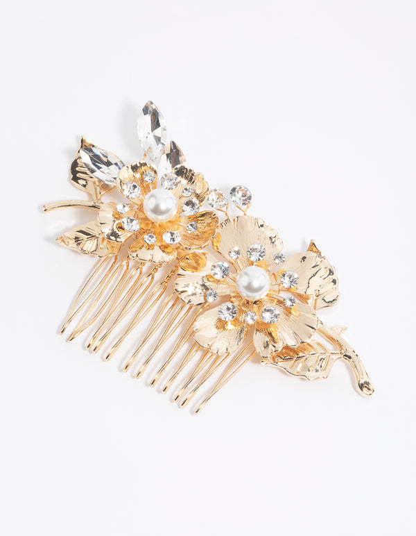 Gold Diamante & Pearl Flower Comb