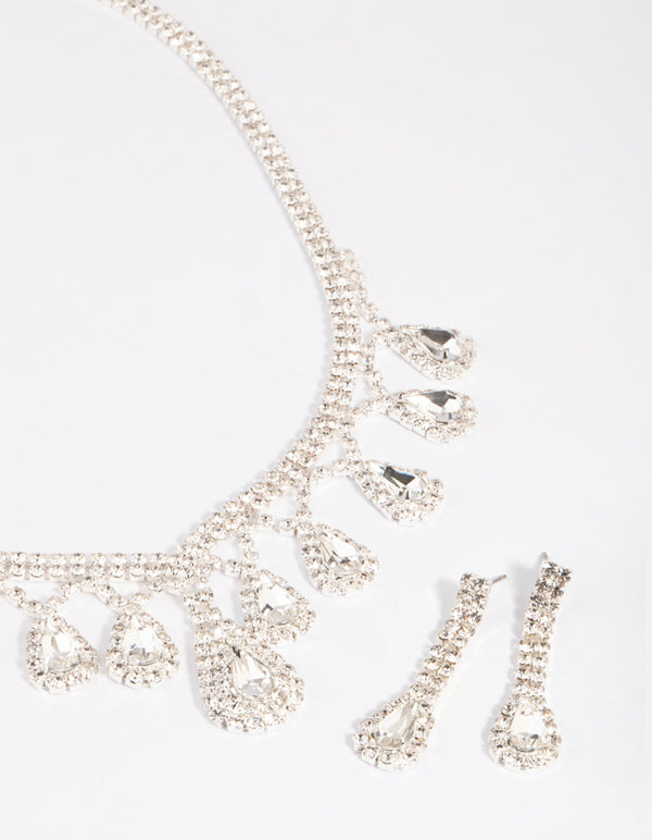 Silver Teardrop Diamante Statement Necklace & Earrings Set