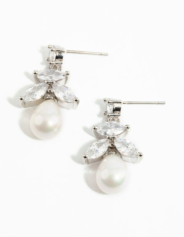 Rhodium Cubic Zirconia Leaf & Pearl Drop Earrings