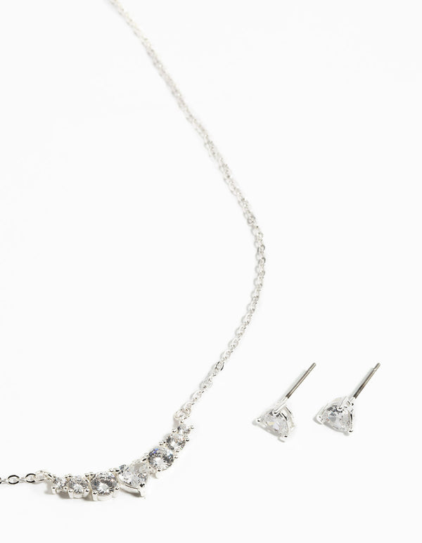 Silver Cubic Zirconia Heart Necklace & Earrings Set