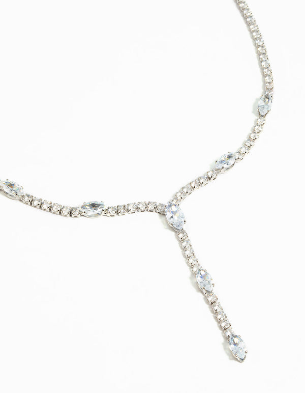 Silver Cubic Zirconia Droplet Lariat Necklace