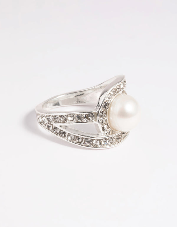 Silver Classic Pearl & Diamante Cocktail Ring