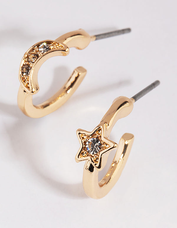 Gold Star & Moon Huggie Hoop Earrings